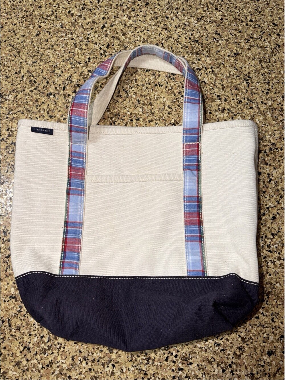 Lands’ End Large Canvas Open Top Tote Bag w/ Key Fob – Navy & Natural White (PC)
